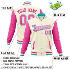 Cream Pink Raglan Full-Snap Varsity Letterman Baseball Jacket 4