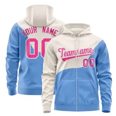 Cream Powder Blue Color Block Wave Varsity Letterman Jacket Hoodie 1