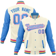 Cream Powder Blue Raglan Full-Snap Varsity Letterman Baseball Jacket