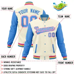 Cream Powder Blue Raglan Full-Snap Varsity Letterman Baseball Jacket 4