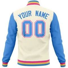 Cream Powder Blue Raglan Full-Snap Varsity Letterman Baseball Jacket 6