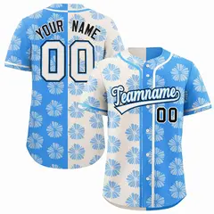 Cream Powder Blue Split Flower Graffiti Baseball Jersey 1