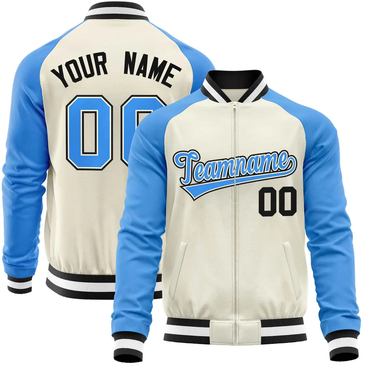 Cream Powder Blue Varsity Full-Zip Raglan Letterman Baseball Jacket