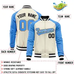 Cream Powder Blue Varsity Full-Zip Raglan Letterman Baseball Jacket 4