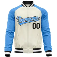 Cream Powder Blue Varsity Full-Zip Raglan Letterman Baseball Jacket 5