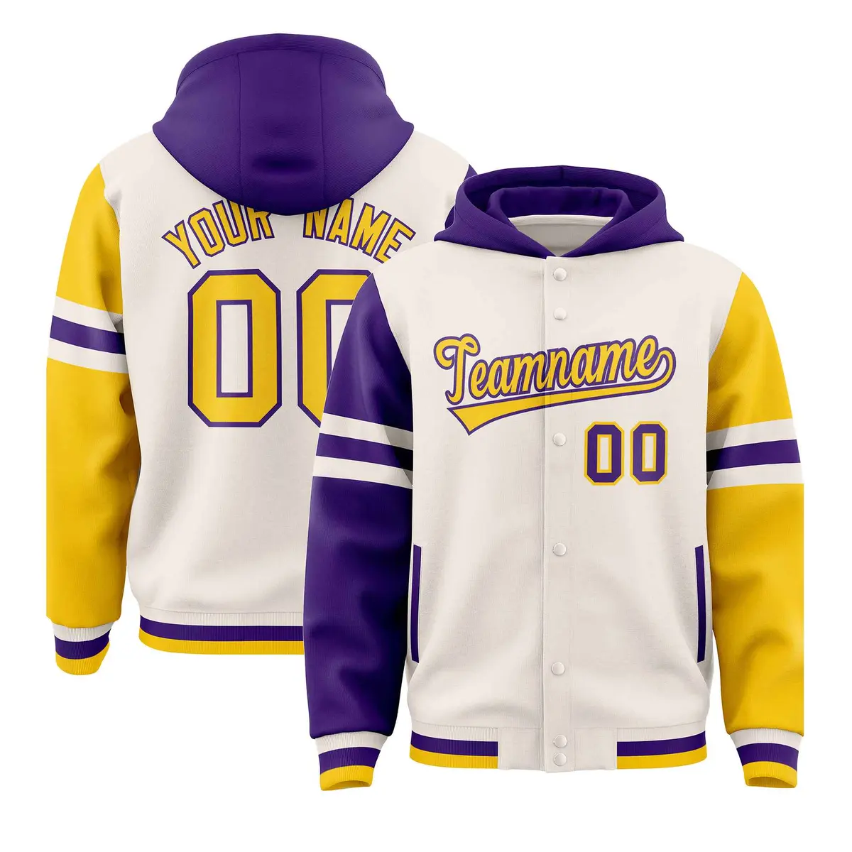 Cream Purple-Gold Raglan Three Stripes Varsity Full-Snap Letterman Jacket Hoodie