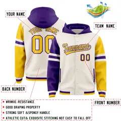 Cream Purple-Gold Raglan Three Stripes Varsity Full-Snap Letterman Jacket Hoodie 4