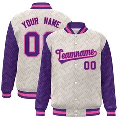 Cream Purple L Pattern Raglan Full-Snap Varsity Letterman Jacket 1