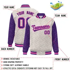 Cream Purple L Pattern Raglan Full-Snap Varsity Letterman Jacket 2