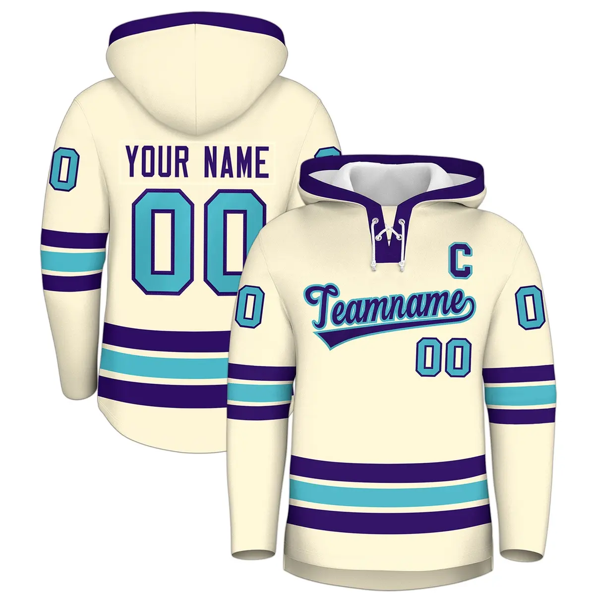 Cream Purple Lace-Up Neck Hockey Hoodie Classic Style