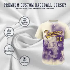 Cream Purple Old Gold Skeleton Graffiti Baseball Jersey 4