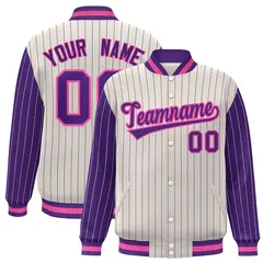 Cream Purple Pinstripe Raglan Varsity Letterman Jacket