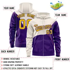 Cream Purple Wave Color Block Varsity Full-Zip Letterman Hoodie 4