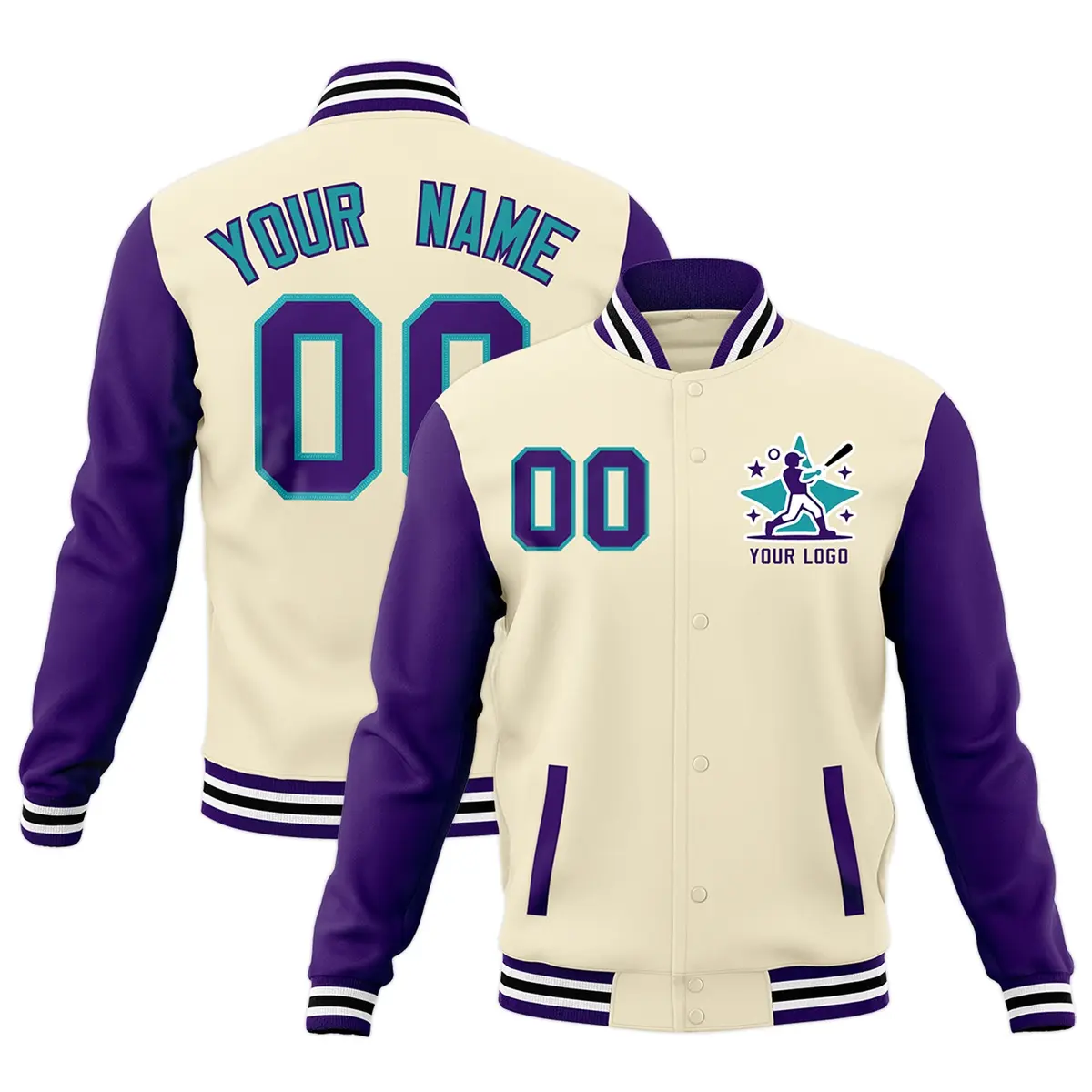 Cream Purple White Raglan Sleeves Cotton Letterman Jacket