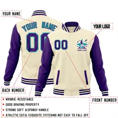 Cream Purple White Raglan Sleeves Cotton Letterman Jacket 2