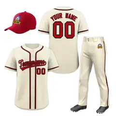 Cream Red Baseball Jersey Pants Hat Uniform Package