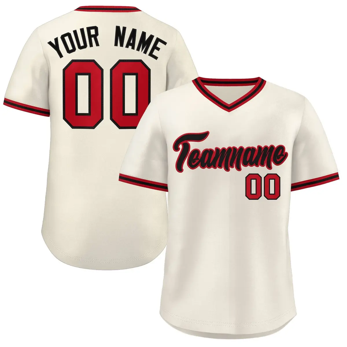 Cream Red-Black V-Neck Pullover Baseball Jersey