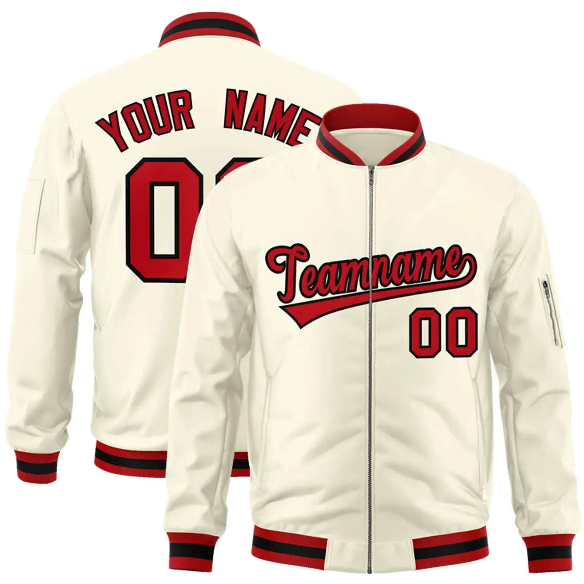 Cream Red-Black Varsity Full-Zip Letterman Bomber Jacket