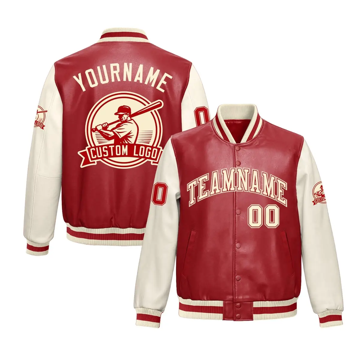 Cream Red Faux Leather Letterman Jacket Raglan Sleeves Full-Snap