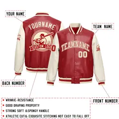 Cream Red Faux Leather Letterman Jacket Raglan Sleeves Full-Snap 2