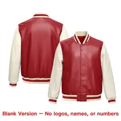 Cream Red Faux Leather Letterman Jacket Raglan Sleeves Full-Snap 6