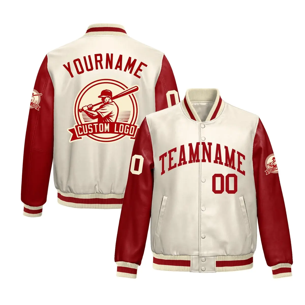 Cream Red Faux Leather Letterman Jacket Raglan Sleeves Full-Snap
