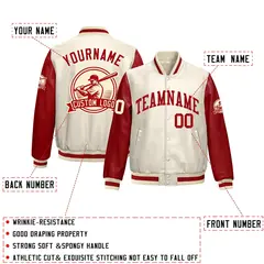 Cream Red Faux Leather Letterman Jacket Raglan Sleeves Full-Snap 2