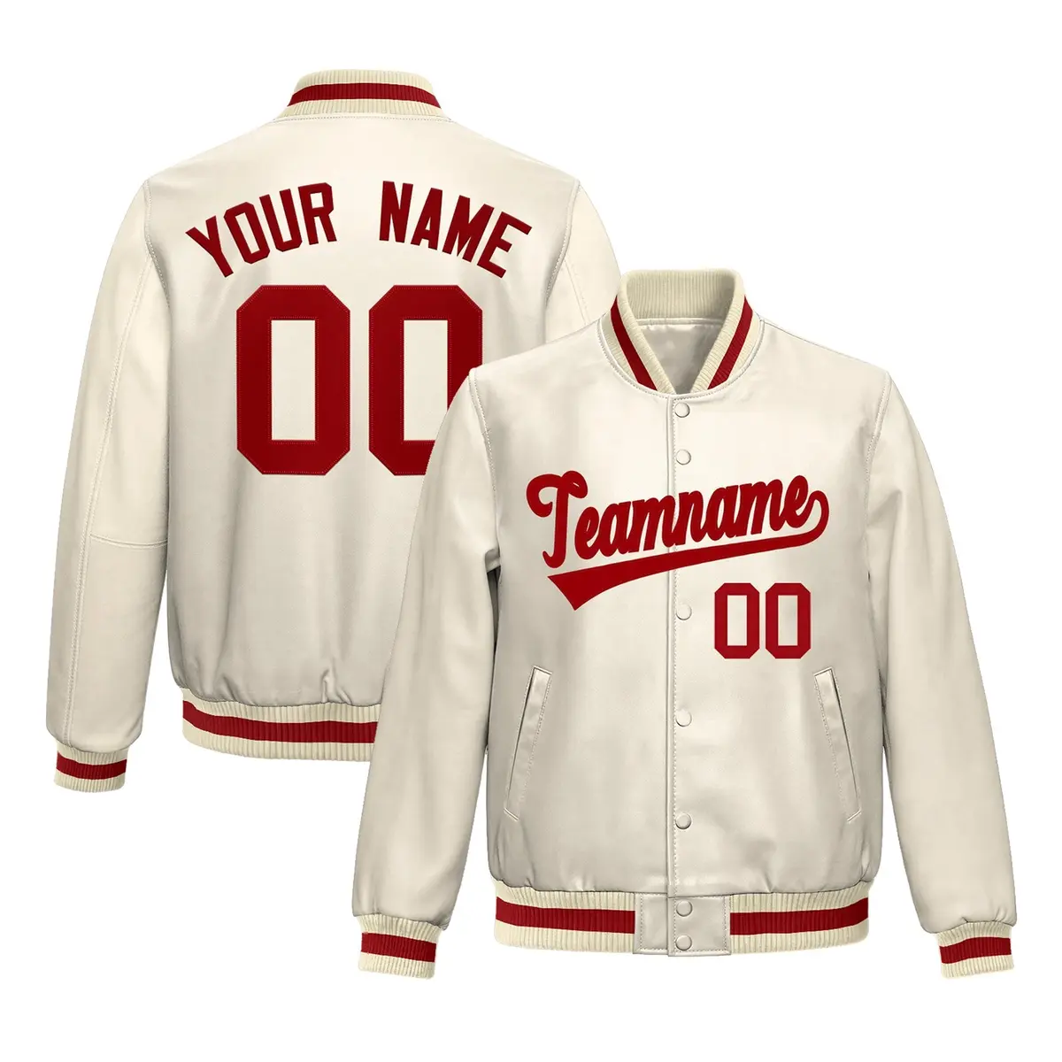 Cream Red Full-Snap Varsity Faux Leather Letterman Jacket