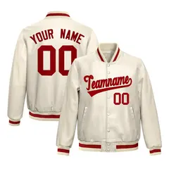 Cream Red Full-Snap Varsity Faux Leather Letterman Jacket