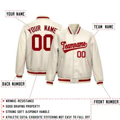 Cream Red Full-Snap Varsity Faux Leather Letterman Jacket 2