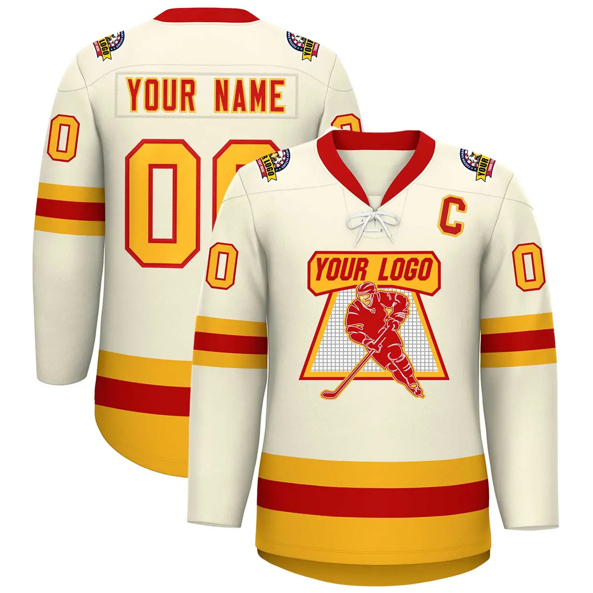 Cream Red-Gold Lace-Up Neck Hockey Jersey