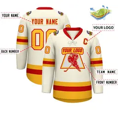 Cream Red-Gold Lace-Up Neck Hockey Jersey 2