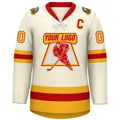 Cream Red-Gold Lace-Up Neck Hockey Jersey 3