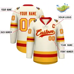 Cream Red-Gold Lace-Up Neck Hockey Jersey 2