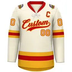 Cream Red-Gold Lace-Up Neck Hockey Jersey 3