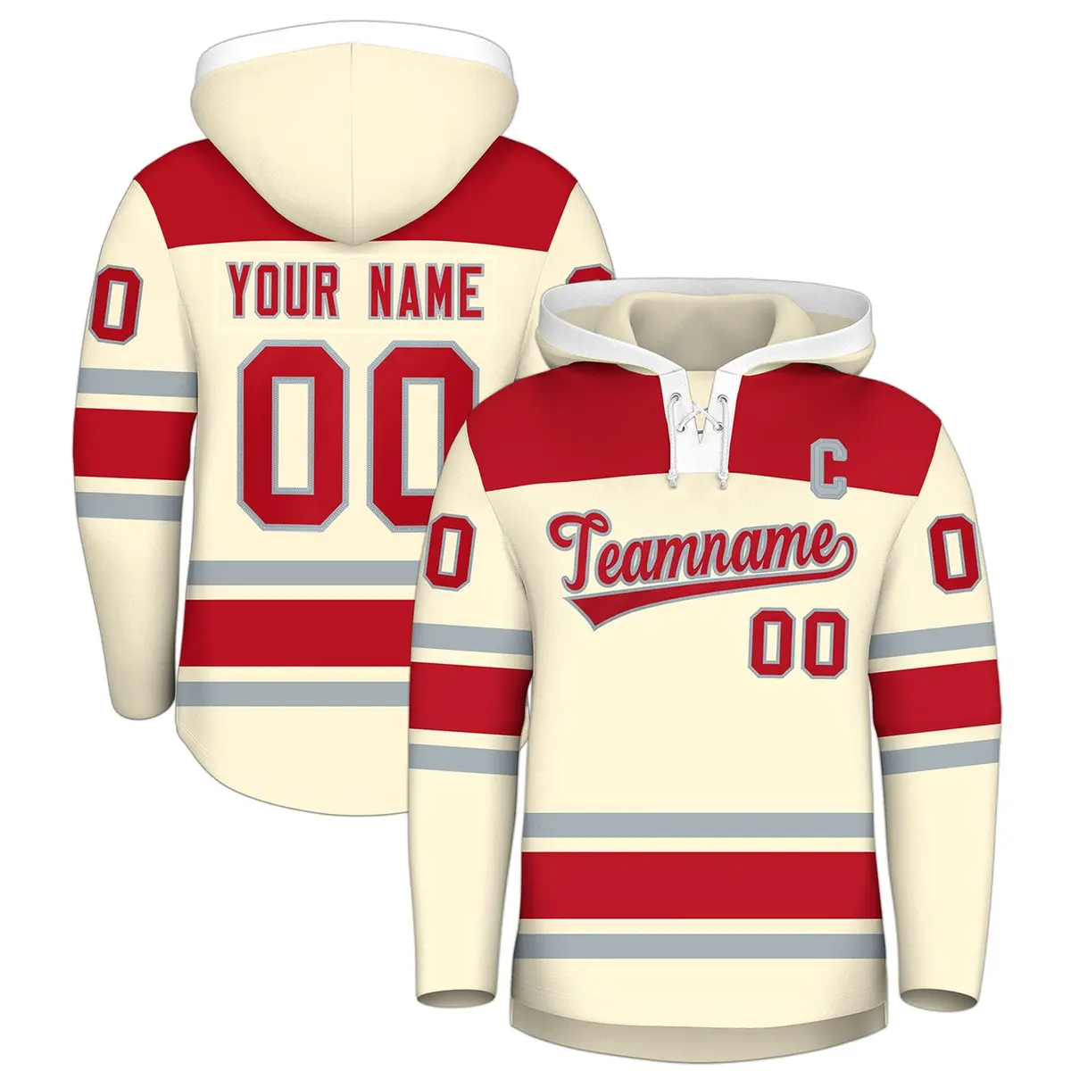 Cream Red Lace-Up Neck Raglan Hockey Hoodie Jersey