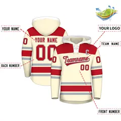 Cream Red Lace-Up Neck Raglan Hockey Hoodie Jersey 2