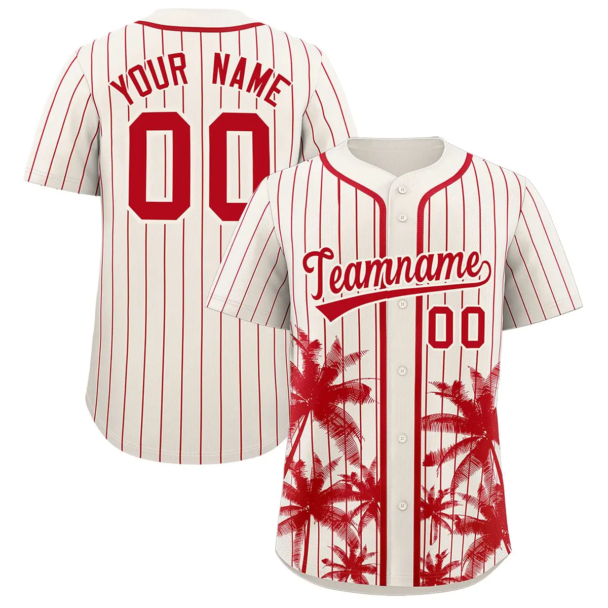 Cream Red Pinstripe Coconut Tree Baseball Jersey