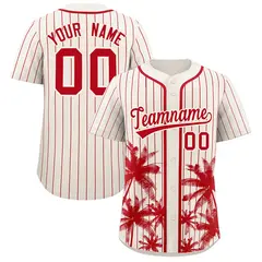 Cream Red Pinstripe Coconut Tree Baseball Jersey