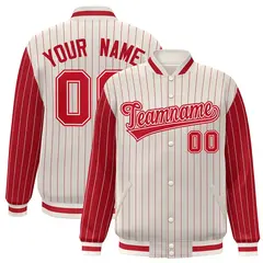 Cream Red Pinstripe Raglan Varsity Letterman Baseball Jacket 1