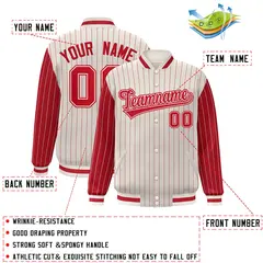 Cream Red Pinstripe Raglan Varsity Letterman Baseball Jacket 2