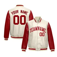 Cream Red Raglan Full-Snap Varsity Faux Leather Letterman Jacket
