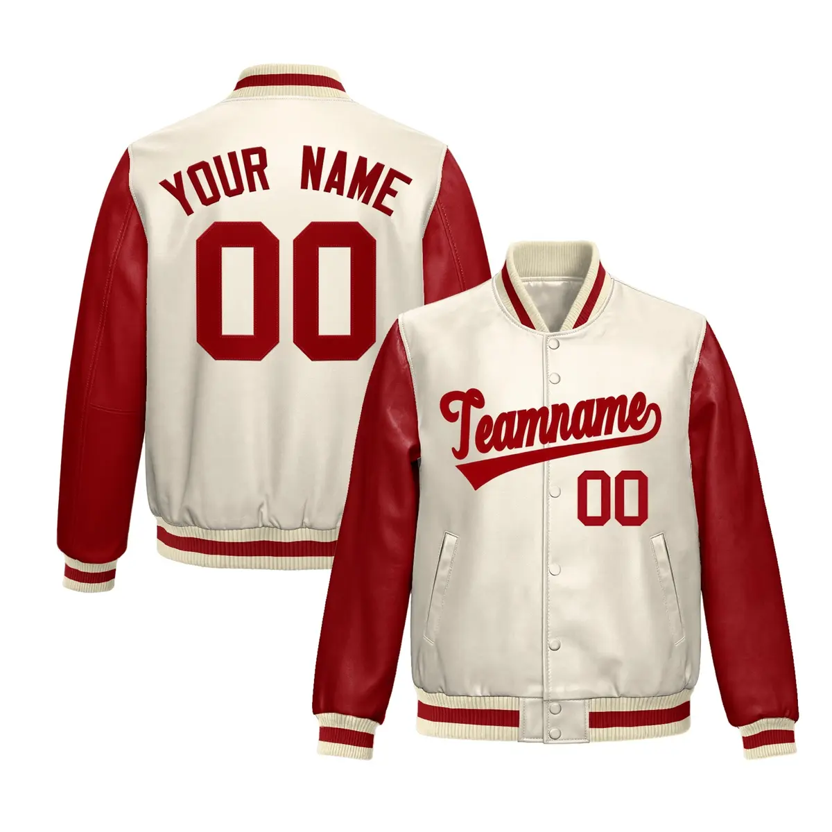 Cream Red Raglan Full-Snap Varsity Faux Leather Letterman Jacket