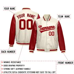 Cream Red Raglan Full-Snap Varsity Faux Leather Letterman Jacket 2