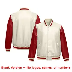 Cream Red Raglan Full-Snap Varsity Faux Leather Letterman Jacket 6