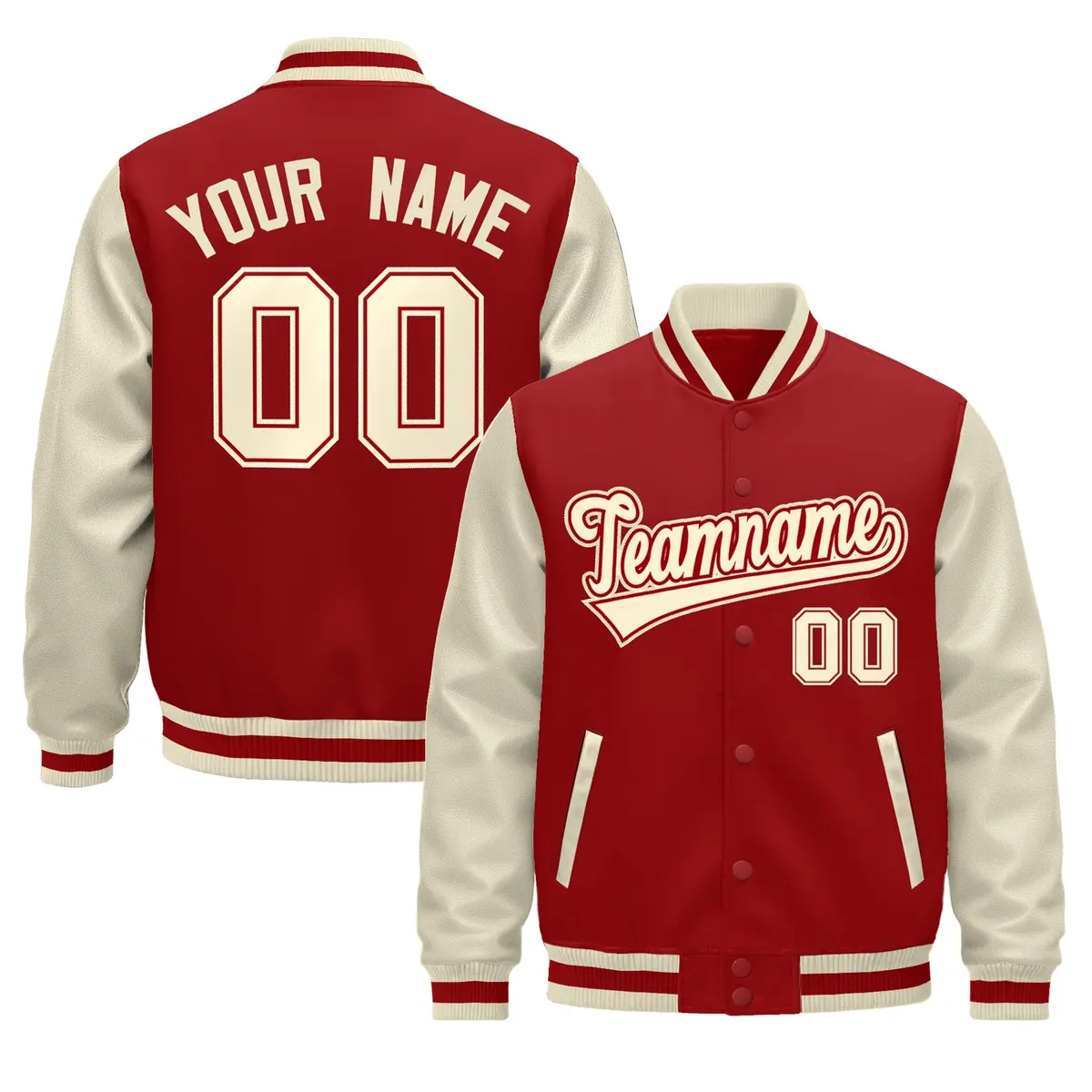 Cream Red Raglan Sleeves Varsity Full-Snap Letterman Jacket