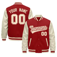 Cream Red Raglan Sleeves Varsity Full-Snap Letterman Jacket 1