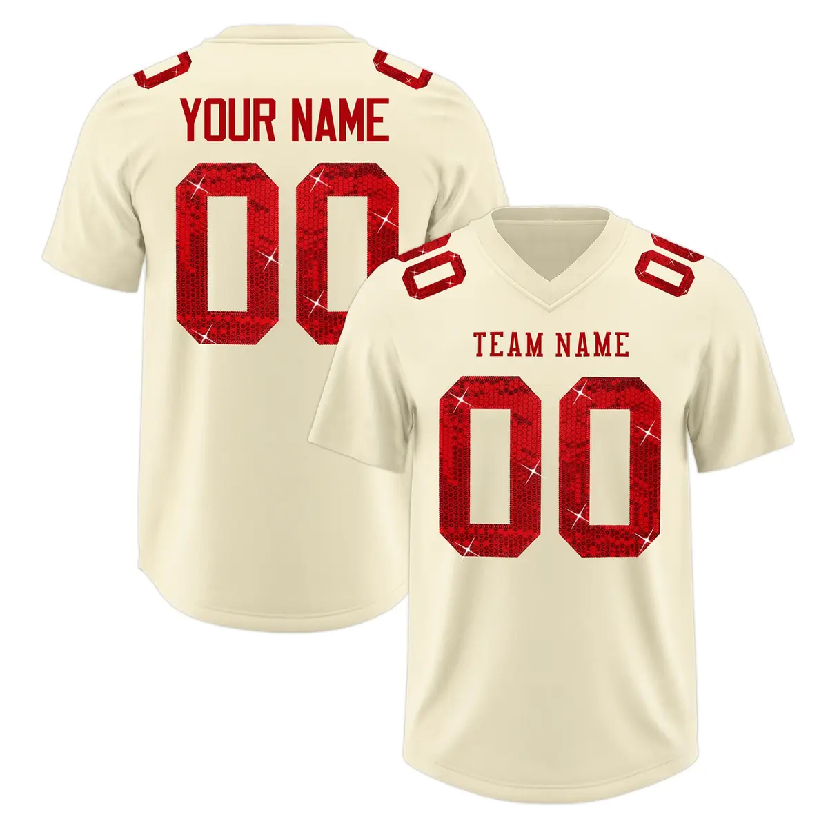 Cream Red Sequin Lettering Football Jersey
