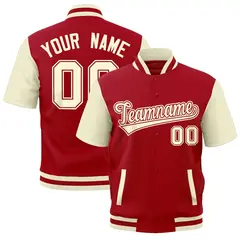 Cream Red Short Sleeve Full-Snap Varsity Jacket