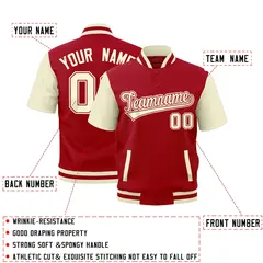 Cream Red Short Sleeve Full-Snap Varsity Jacket 2